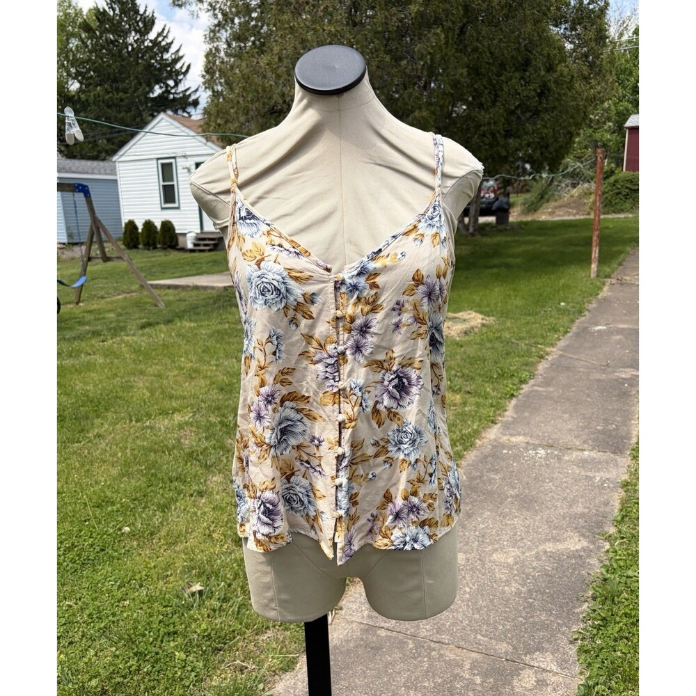American Eagle Tan Purple Floral Spaghetti Strap Button Front Top Tank Sz M